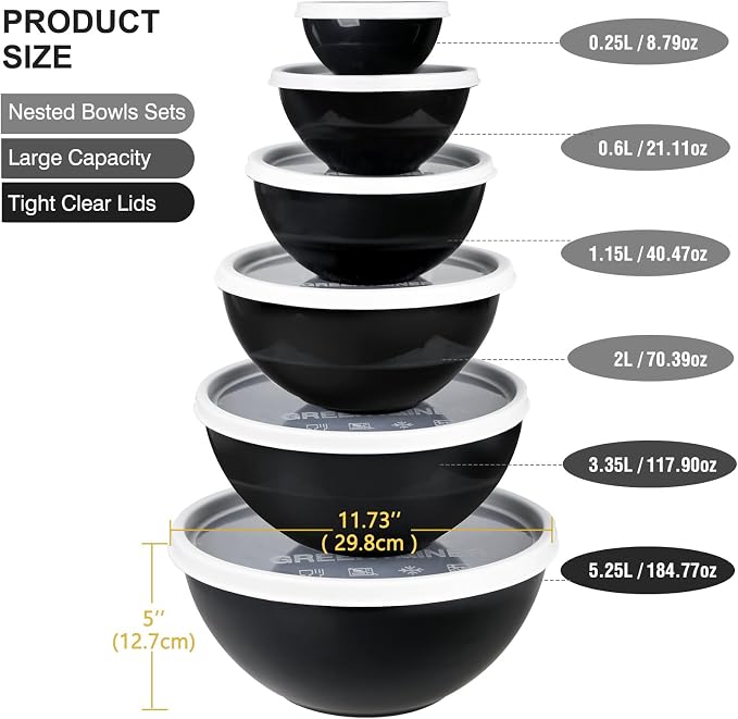 Greentainer Plastic Mixing Bowls with Lids Set 12 Piece Colorful Mixing Bowl Set for Kitchen - Nesting Bowls with Lids Set, 6 Prep Bowls and 6 Lids - Microwave and Freezer Safe(Black) - Image 2