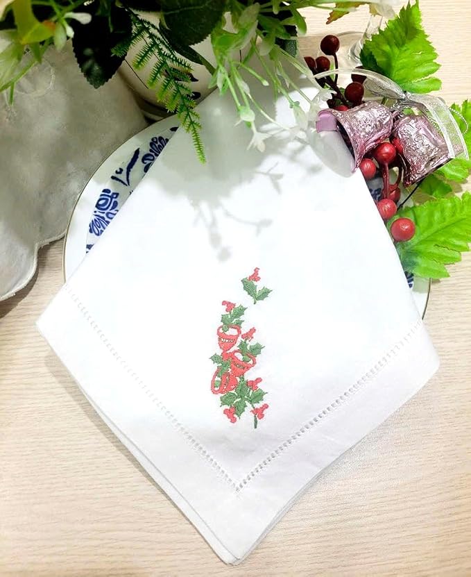 Embroidered Cloth Napkin Red Bells and Holly Christmas Cotton Napkins Set of 6, 20 x 20 Hemstitch Table Napkins Machine Washable, Daily & Holidays, Great Gift Ideas - Image 5