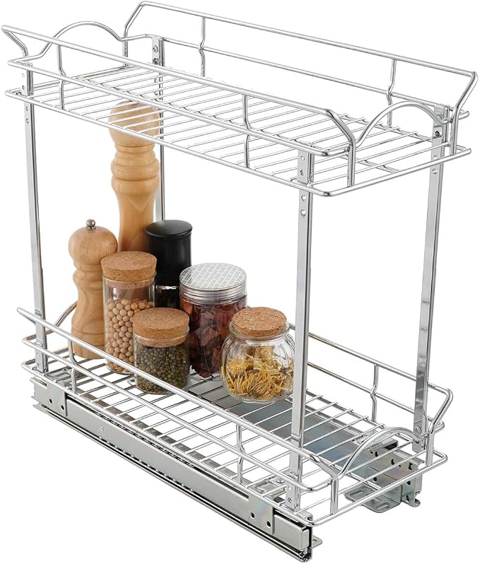 OCG Slide Out Cabinet Organizer for Narrow Cabinet (5" W X 17" D), 2 Tier Pull Out Shelves Slim Sliding Cabinet Organizer and Storage, Chrome - Image 4