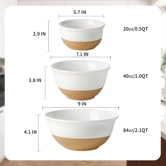 HASENSE Ceramic Serving Bowls, Large Salad Pasta Mixing Bowls Set, 2.1/1.0/0.5 Qt for Entertaining, White Nesting Batter Bowls for Prepping Baking, Dishwasher Microwave Safe, Set of 3 - Image 4