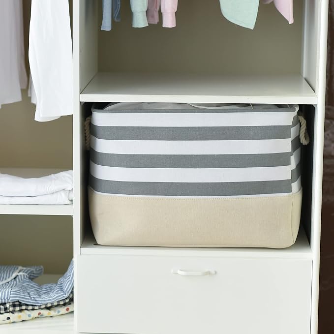 Jumbo Storage Bins Baskets, Sturdy Fabric Organizing Basket W/Handles, Decorative Foldable Storage Baskets for Shelves Closet Nursery Toy (Grey&White Stripes 3 Pack, 20.5Lx15.7Wx13.8H in) - Image 6