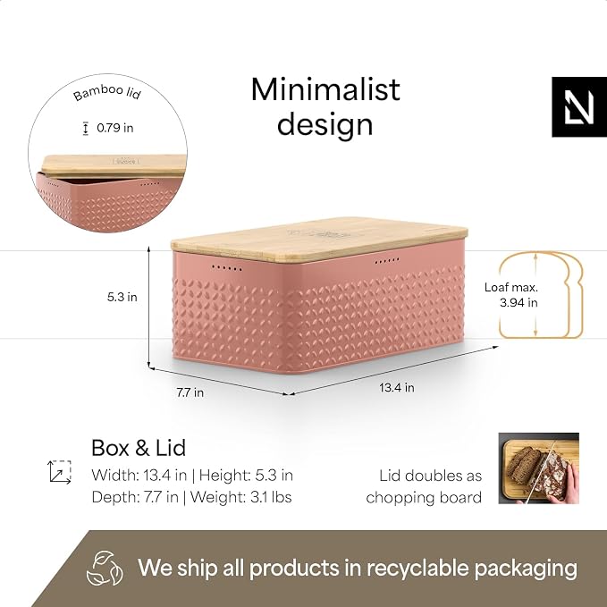 LARS NYSØM Bread Box I Metal Box for long lasting freshness I Bread Bin with bamboo lid usable as cutting board I 13.4x7.7x5.3In (Brick Red) - Image 4