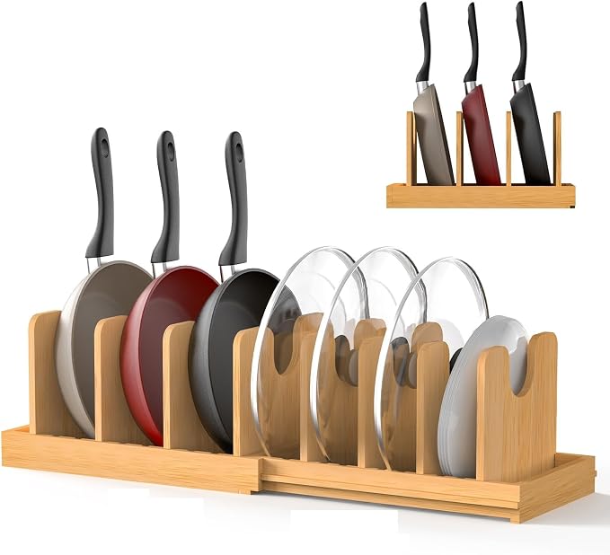 Pots and Pans Organizer under Cabinet,Pot and Pan Organizer,Lid Organizer | Expandable Bamboo Pan and Lid Organizer, 16" to 28" Adjustable Length and 10 Dividers by FoverOne