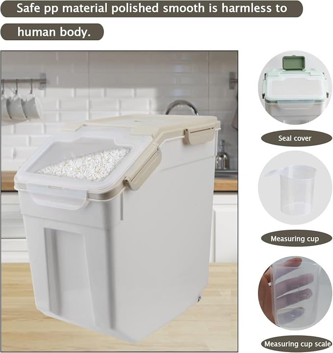 25LB Large Flour Storage Container Bin,4 Pack Airtight Plastic with Wheels Seal Locking Lid Dispenser Organizer Storage Bin with Measuring Cup & Scoop for Flour, Rice, Grain 100LBS Total，Grey - Image 6