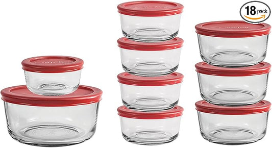 Anchor Hocking 18 Piece Glass Storage Containers with Lids (9 Glass Food Storage Containers & 9 Red SnugFit Lids) by AnchorHocking