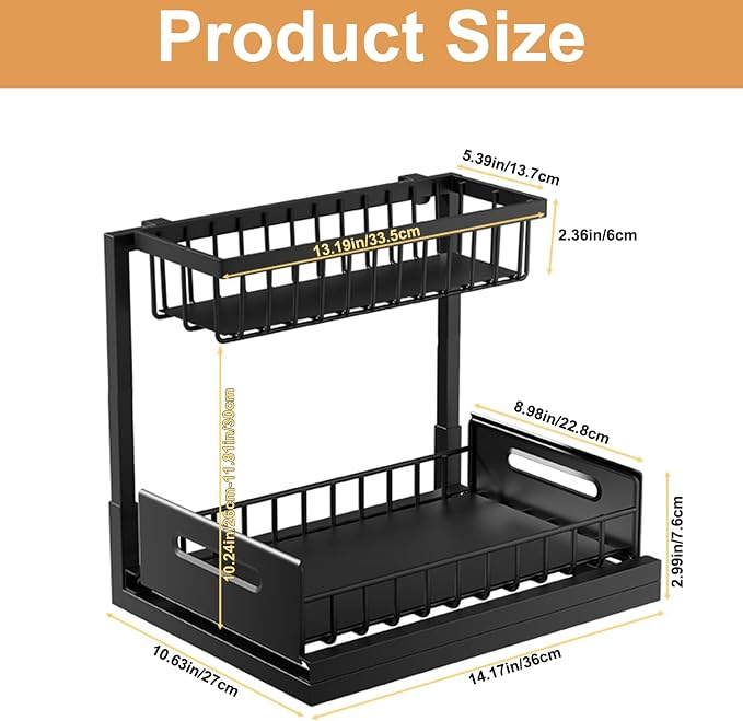 2 Pack Under Sink Organizer, Height Adjustable Pull Out Cabinet Shelf, Heavy Duty Metal Sliding Drawer, Rust-Resistant Storage for Kitchen Bathroom Pantry, Fits Tall Bottles & Plumbing P-Traps - Image 3