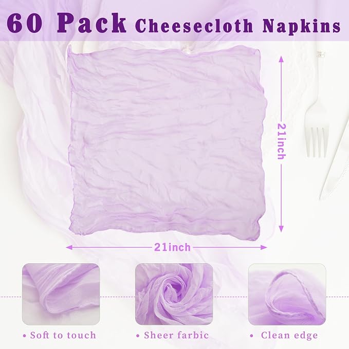 60 Pack Lilac Cloth Napkins 21x21 Inches Lilac Cheesecloth Napkins Set of 60 Washable Dinner Table Napkins for Wedding Bridal Baby Shower Rustic Boho Cotton Gauze Family Gathering Table Decor - Image 3