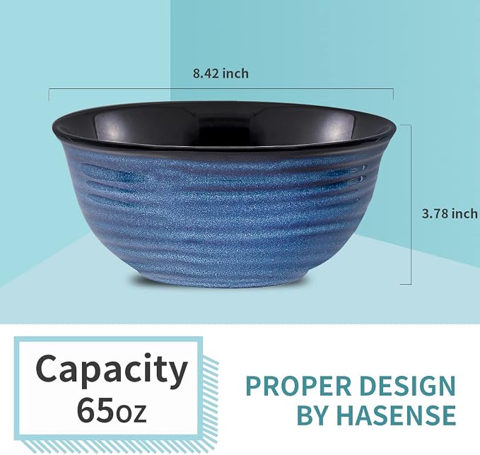 HASENSE Serving Bowls, 60 Ounces Ceramic Salad Pasta Soup Bowls, 8.5 inch Large Bowls for Kitchen Ramen Pho Fruit Cereal Popcorn, Microwave and Dishwasher Safe, Set of 2, Blue - Image 5