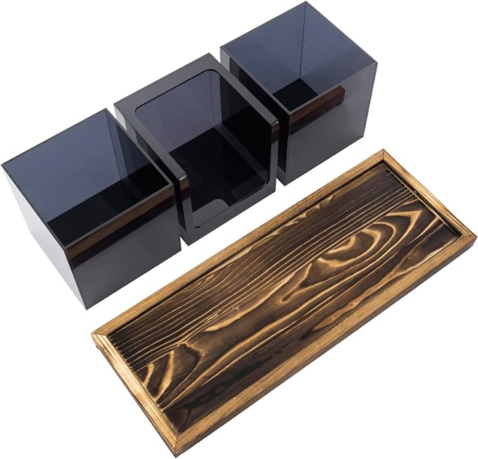 MyGift Coffee Organizer, Modern Acrylic Coffee and Tea Organizer with 3 Removable Premium Translucent Black Acrylic Compartments and Rustic Burnt Solid Wood Decorative Tray, 4 Piece Set - Image 6