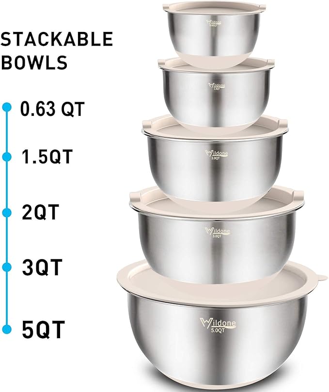 Wildone Mixing Bowls with Airtight Lids Set, 5PCS Stainless Steel Khaki Nesting Bowls for Kitchen, with Grater Attachments & Non-Slip Bottoms, Size 5, 3, 2, 1.5, 0.63 QT, Great for Mixing & Serving - Image 7