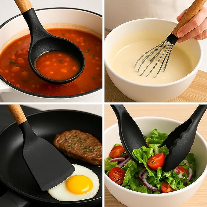 Silicone Kitchen Spatula and Utensils Spoon Set Cooking + Baking Set- 12 Pcs Non-Stick with Wooden Handle-BPA Free,Heat Resistant Item,Flexible Non Toxic Silicon Cookware Tools (Black) - Image 4
