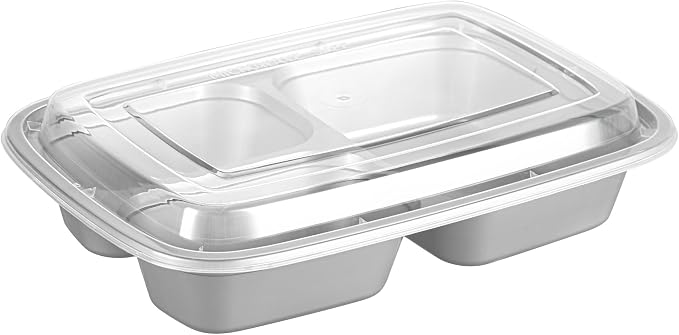 Asporto 26 Ounce Compartment Take Out Boxes, 100 Microwavable Meal Prep Containers - 3 Compartments, With Clear Plastic Lids, Silver Plastic Food Containers, Do Not Contain BPA - Restaurantware - Image 12