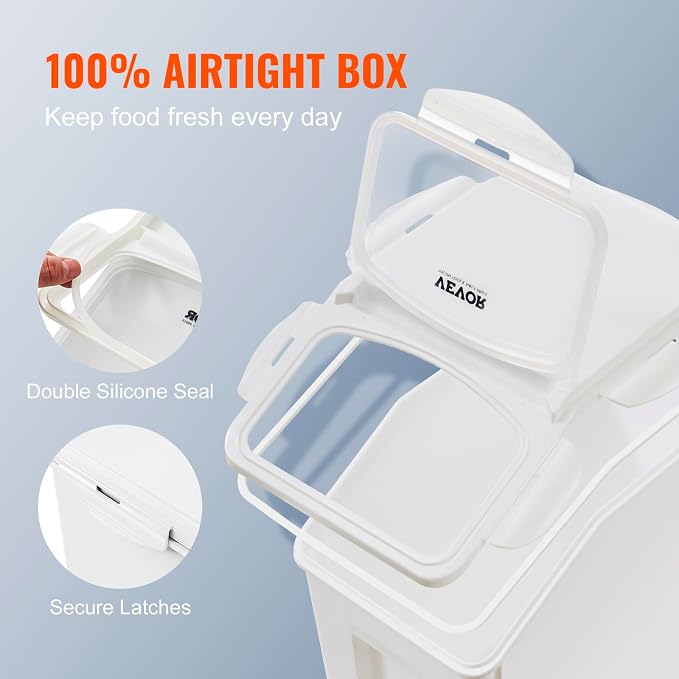 VEVOR Ingredient Storage Bin, 2 x 15L Dispenser Bin with 2 Measuring Cups, Attachable Casters and Airtight Lid, 2 Pcs/Set Dog Pet Food Storage Container, PP Material Kitchen Rice Cereal Flour Bin - Image 3