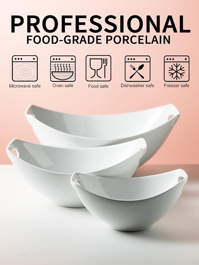 Gomakren Serving Bowls with Handles, Serving Dishes, Porcelain Salad Bowls Mixing Bowl for Entertaining, Nesting Bowl Set of 3, Microwave Dishwasher Safe, 15/28/47 oz, White | Set of 3 - 15/28/47oz, Multi-Size Nesting Bowls, Microwave Dishwasher Safe, ... - Image 3
