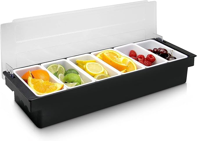 Ice Cooled Condiment Caddy with Lid, 6 Removable Bins | Ice chamber keeps toppings chilled, quick refill & easy cleaning, frosted cover, carry handles, for bars buffets parties by POWLAB