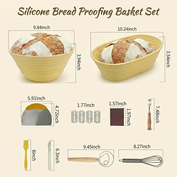 Silicone Bread Proofing Basket Set - 12-Piece All-in-One Kit with Oval & Round Banneton, Dough Scraper, Whisk,Spatula & More - Non-Stick,Easy Clean Sourdough Baking Supplies for Perfect Artisan Bread - Image 2