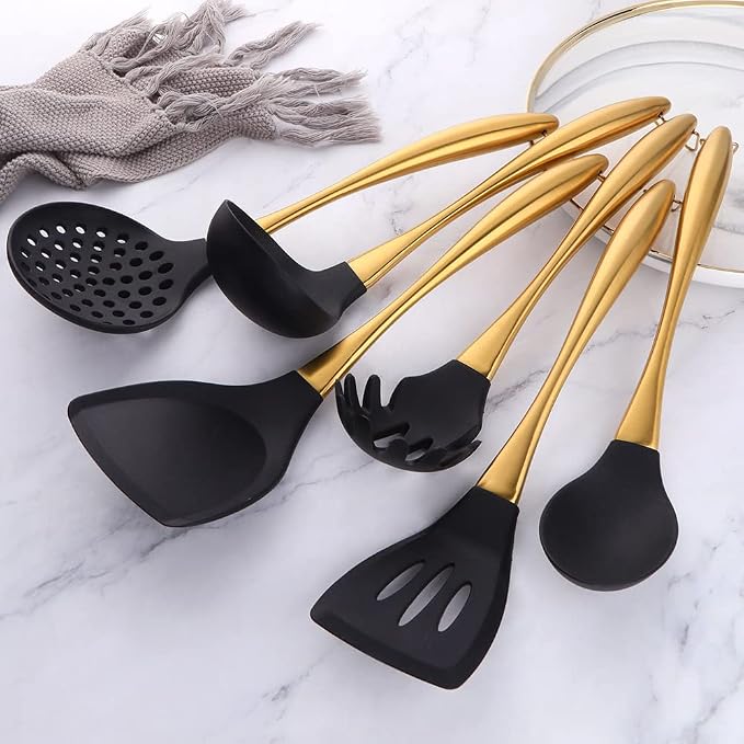 Silicone Cooking Utensil Set, 6 pcs Silicone Cooking Kitchen Utensils Set, Non-stick Kitchen Cookware Titanium Stainless Steel Handle with Utensil Holder, Spatula Set for Cooking -Rose Gold - Image 6