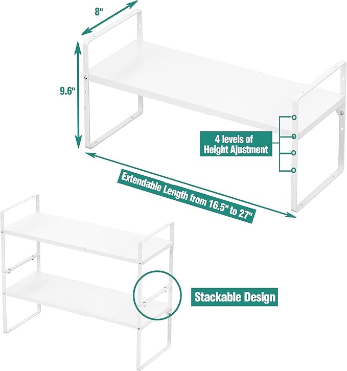 SUZLON Expandable Cabinet Shelf Organizer Rack, Stackable Kitchen Counter Storage Shelves Stand, Adjustable Height Pantry Shelf Spice Rack, Heavy Duty Nonslip White Small 3Pack - Image 2