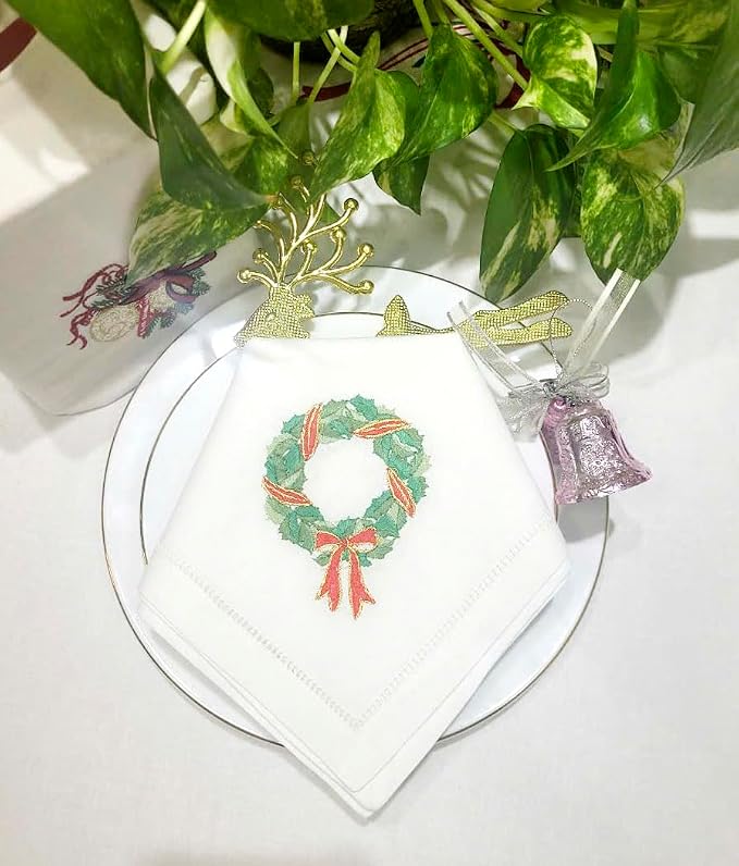 Embroidered Cotton Napkins Christmas 20x20 (Leaf Holly Wreath Christmas) - Image 6