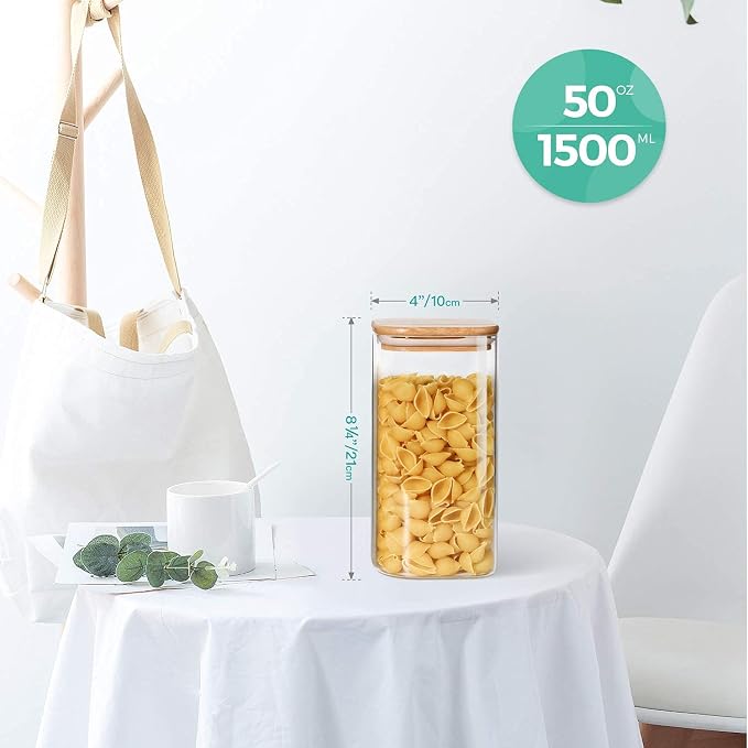 ComSaf Glass Storage Containers wtih Lids 1.6 Qt, Set of 3 Food Storage Jar | Square Kitchen Canisters, Glass Pantry Jars, Pantry Organizers, Dry Food Storage, Tea, Oat, Spice, Coffee, 51oz, BPA Free - Image 5