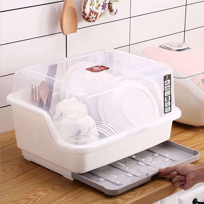 Tomorotec Medium Size Dish Drying Rack & Drain Board with Lid Cover, White | Kitchen Counter Drainer with Dust-Proof Clear Cover, Detachable Design with Utensil Holder, Plate Cup Tray Cutlery Drainer by Tomorotec