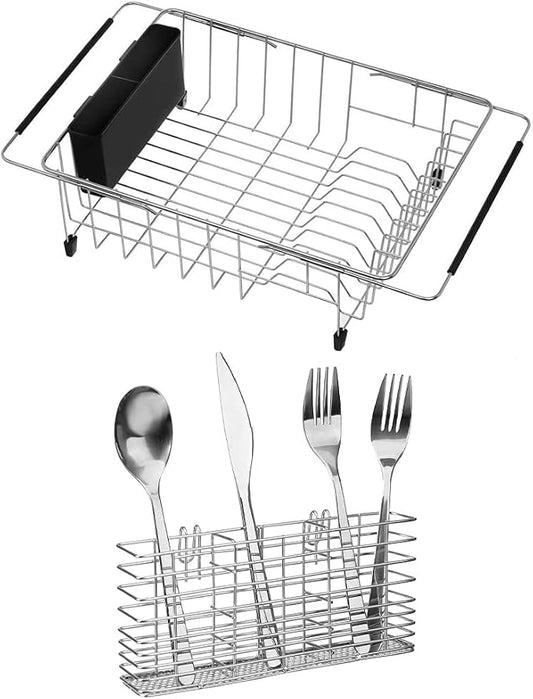 SANNO Expandable Dish Drying Rack, Large Dish Rack Adjustable Deep Dish Drainer Stainless Steel Cutlery Utensil Holder Silverware Organizer Rack with Hooks by SANNO