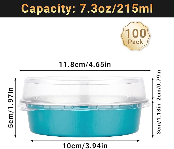 Beasea Aluminum Cupcake Pans With Lids 100 Pack, 7.3oz Disposable Baking Cups, 215ml Aluminum Foil Pie Tart Pans Tins Round Mini Oven Dish For Cake Tart Quiche Individual Dessert - Blue Green - Image 2