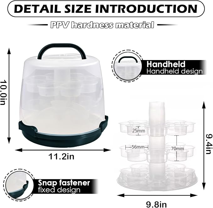 Cake Carrier Round Cake Stand Plus Height Cake Container with Cupcakes Pad, Handle, Lid Reusable Package Box for Transporting Desserts,Pie,Toast,Fruit (10" Black) - Image 2