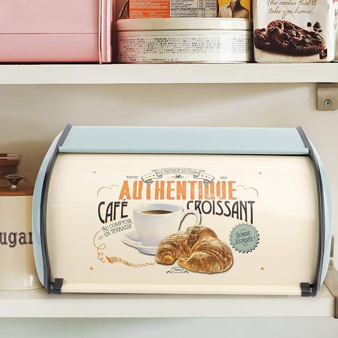 Metal Bread Storage Container, Large Capacity Vintage Roll Top Bread Box Bread Holder Bread Dispenser Kitchen Countertop Box for Kitchen Bread Storage 13.6 * 9.1 * 5.7 in (Blue) - Image 4