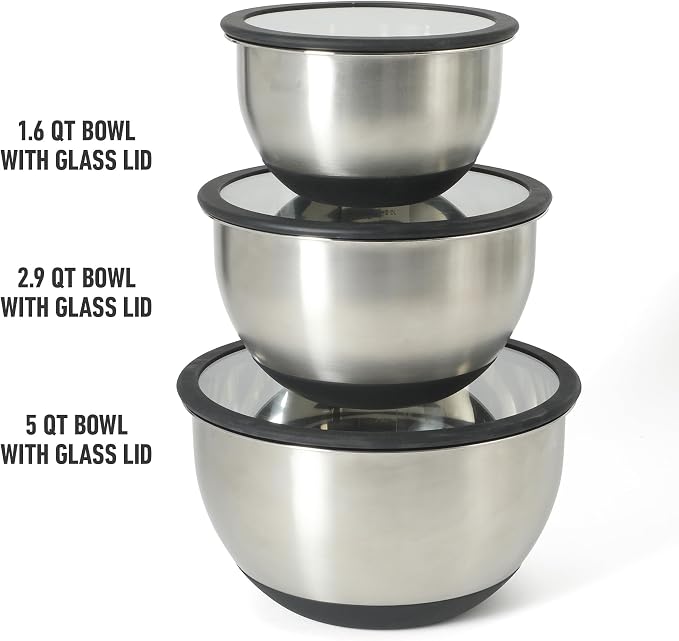 Calphalon Mixing Bowl Set, Stainless Steel Mixing Bowls With Lids, 3-Piece Stainless Steel Mixing Bowls with Glass Lids & Non-Slip Silicone Base, Prep and Storage Bowls Dishwasher Safe - Image 3
