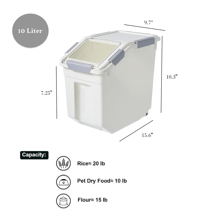 10 Liter / 20 lbs Rice Storage Container with Measuring Cup, BPA free, For Rice | Grain | Pet Food | Flour, 2 count, White - Image 6