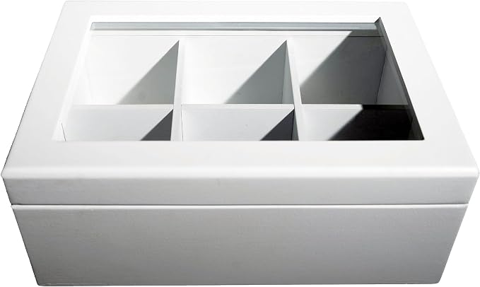 Break Tradition Wooden Tea Organizer For Tea Bags - Wooden Tea Chest With 6 Compartments - Clear Top Window - Lid Stays Open (White) - Image 4