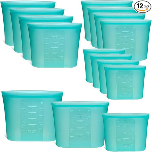 12-Pack Reusable Silicone Food Storage Bags, 100% Silicone Stand-Up Wide-Open Zip-Lock Reusable Storage Bags for Food, Freezer Microwave Oven Dishwasher Safe, Aqua, 4M 4S 4XS by SiliseaDirect