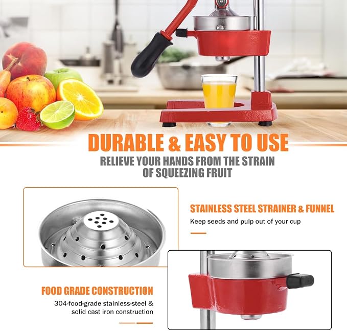 Commercial Heavy Duty Cast Iron Hand Press Manual Orange Citrus Lemon Lime Grapefruit Pomegranate Fruit Juice Squeezer Machine with Stainless Steel Cup Red - Image 6