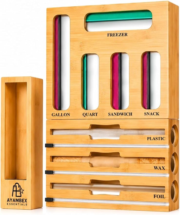 9-in-1 Bamboo Kitchen Drawer Organizer - Storage Bag Holder with Built-In Foil & Wrap Cutter Dispenser - Wooden Food Storage Bag Organizer for Gallon, Quart, Sandwich and Snack Sizes by Unknown