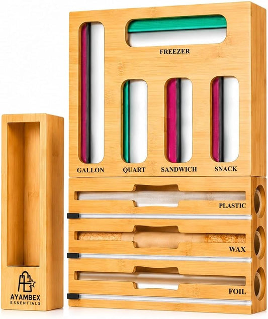 9-in-1 Bamboo Kitchen Drawer Organizer - Storage Bag Holder with Built-In Foil & Wrap Cutter Dispenser - Wooden Food Storage Bag Organizer for Gallon, Quart, Sandwich and Snack Sizes by Unknown