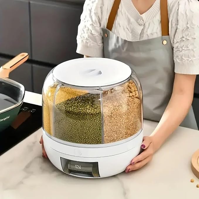 Rice Dispenser, 6-Compartment Rotating Grain Storage Container, Large | 360° Rotating Countertop Cereal Dispenser for Pantry with Push Button, Dry Food Organizer for Rice, Beans, Grains and Nuts - Image 2