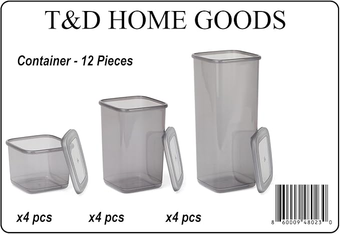 T&D HOME GOODS Storage Jars with Lid, Airtight, Set of 12 Storage Containers, BPA-Free, Storage Container for Cereal, Flour, Kitchen, Practical Organiser Kitchen, (12, 3 Square diff size) - Image 8