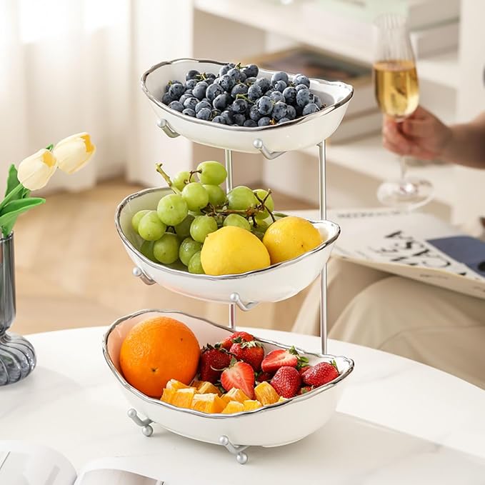 3-Tier Fruit Bowls for Kitchen Counter,Ceramic White Bowl with Sliver Metal Stand,3 Tier Fruit Basket for Fruit,Snack,Cake,Nuts,Dessert Storage - Image 4