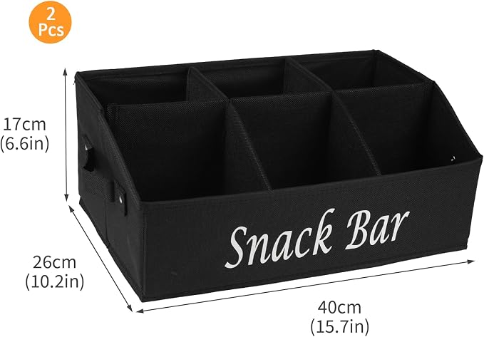 2 Pack Snack Organizer for Countertop With Handles - 6 Compartment Box Basket, Bar Station, Kitchen Cabinet Pantry Storage - Black - Image 7