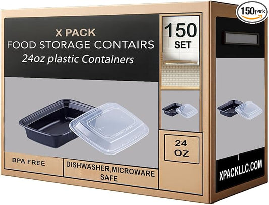 X PACK 24 oz Reusable Meal Prep Containers [150 Pack], Black Microwave Safe Food Storage Containers with Lids, Take Out Container, Bento Lunch Box, To Go box, BPA Free - Dishwasher & Freezer Safe by XPACK