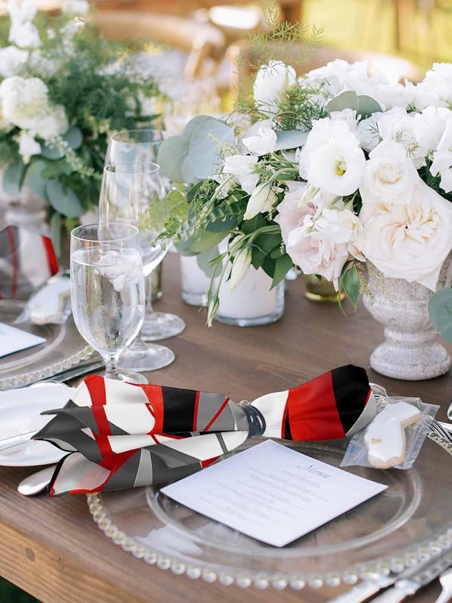 Red Ombre Cloth Napkins Set of 8, Black White Grey Abstract Wavy Line Dinner Napkins Cloth Washable, Cocktail Napkins Reusable for Wedding, Party, Birthday (20"x20") - Image 4