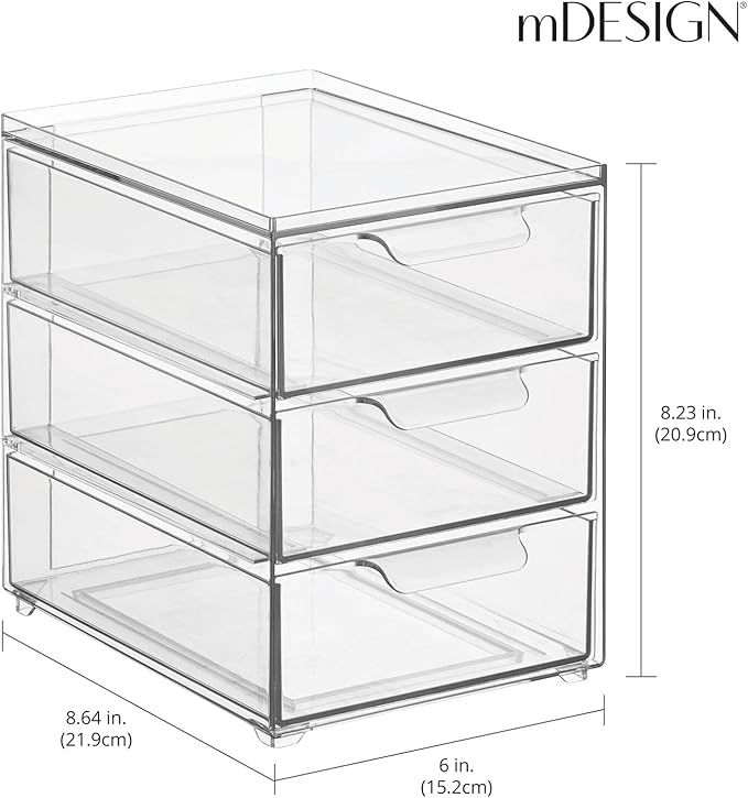 mDesign Plastic Stackable 3-Drawer Kitchen Storage Organizer - Bin with Divided Pull-Out Drawers for Pantry, Shelf, Fridge/Refrigerator, and Freezer Organization - Lumiere Collection - Clear - Image 3