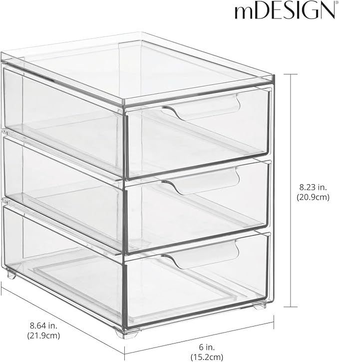 mDesign Plastic Stackable Organizer with 3 Drawers - Pull-Out Drawer Storage Bin for Bathroom Sink/Cabinet Organization - Perfect for Makeup, Small Towels, and More - Lumiere Collection, 4 Pack, Clear - Image 3