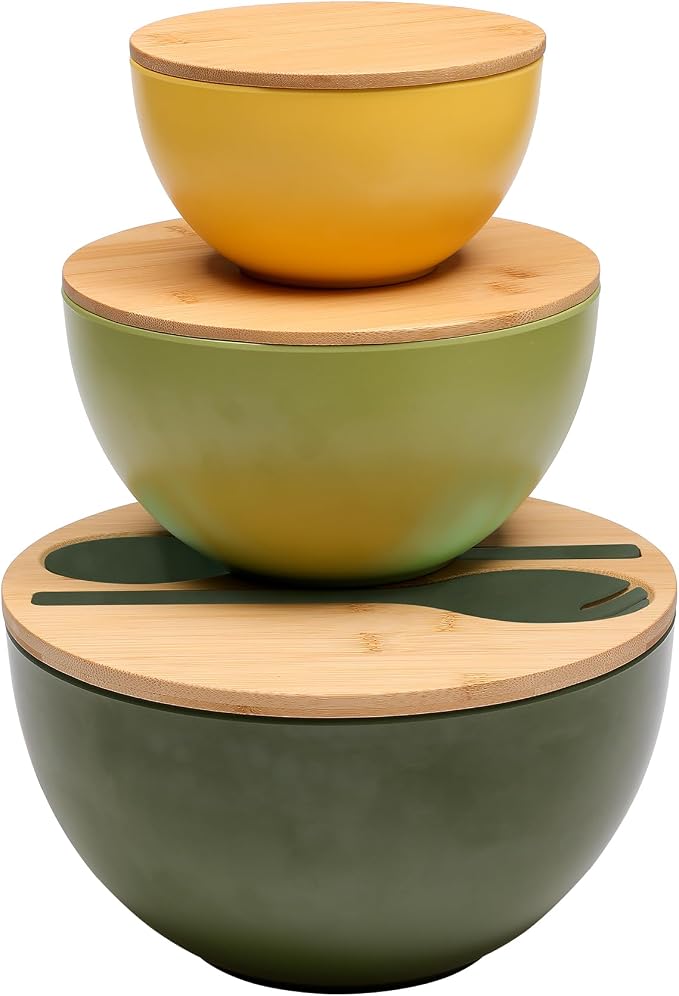 ECOWAY Salad Bowls Set of 3 with Lid & Serving Utensils, Colorful Serving Bowls, Bamboo Fiber Salad Bowls with Bamboo Lid, Kitchen Bowls for Salad, Kitchen Eating, Pasta, Popcorn, Fruit (3 Colors) by ECWAY