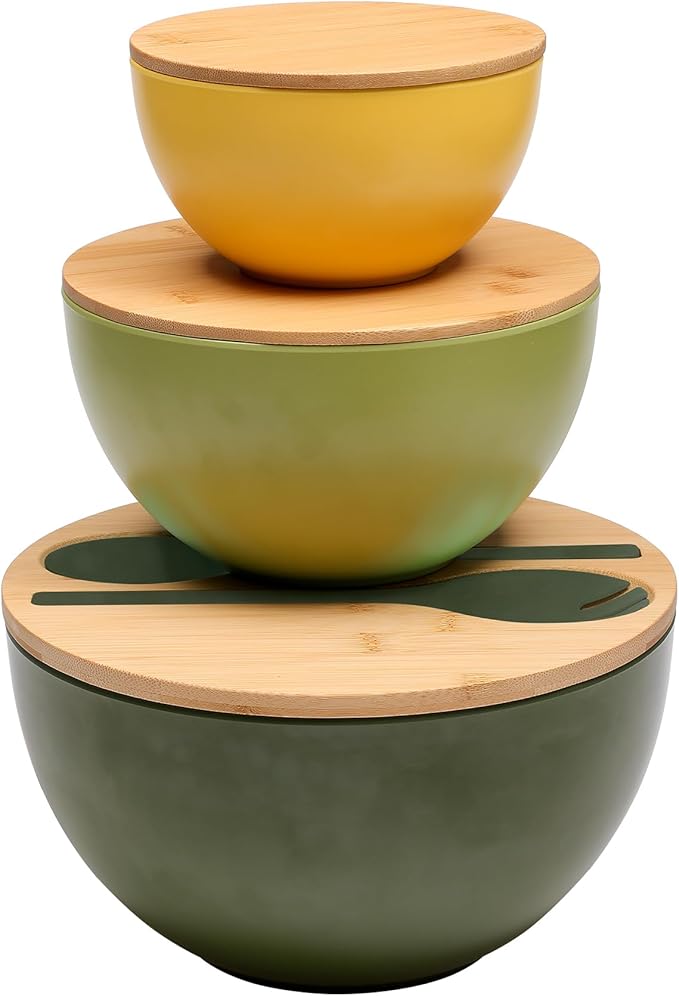 ECOWAY Salad Bowls Set of 3 with Lid & Serving Utensils, Colorful Serving Bowls, Bamboo Fiber Salad Bowls with Bamboo Lid, Kitchen Bowls for Salad, Kitchen Eating, Pasta, Popcorn, Fruit (3 Colors) by ECWAY