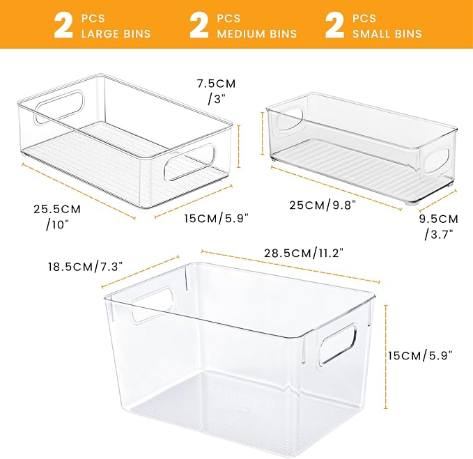 Stackable Refrigerator Organizer Large Bins, 6 Pack (3 Different Size) Clear Kitchen Organizer Container Bins with Handles for Pantry, Cabinets, Shelves, Drawer, Freezer, Fridge - Food Safe, BPA Free - Image 7