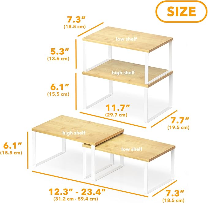SpaceAid Cabinet Shelf Organizers 2 Pack, Kitchen Counter Rack Shelves Riser, Stackable Expandable Spice Rack, Pantry Cupboard Storage Organization (White and Natural, Short) - Image 2