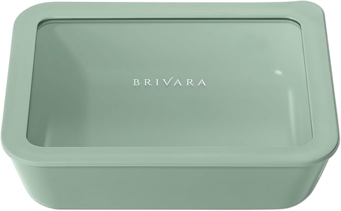 Glass Food Storage Container with Lid, 6-Cup Medium Rectangle | Microwave-Safe Airtight Lid, Oven-Safe Ceramic-Coated Glass | Zero Plastic, No PFAS/PFOA/BPA, Reusable [Willow] by BrivaraHome