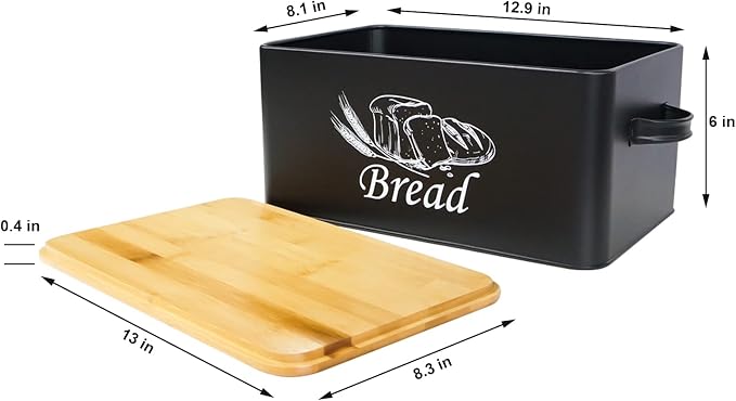 SOTECH Bread Box with 3pcs Jars Coffee Sugar Tea for Kitchen Countertop White Metal Bread Box with Bamboo Board Cover Pastry Storage Container Set Kitchen decor (Black box) - Image 6
